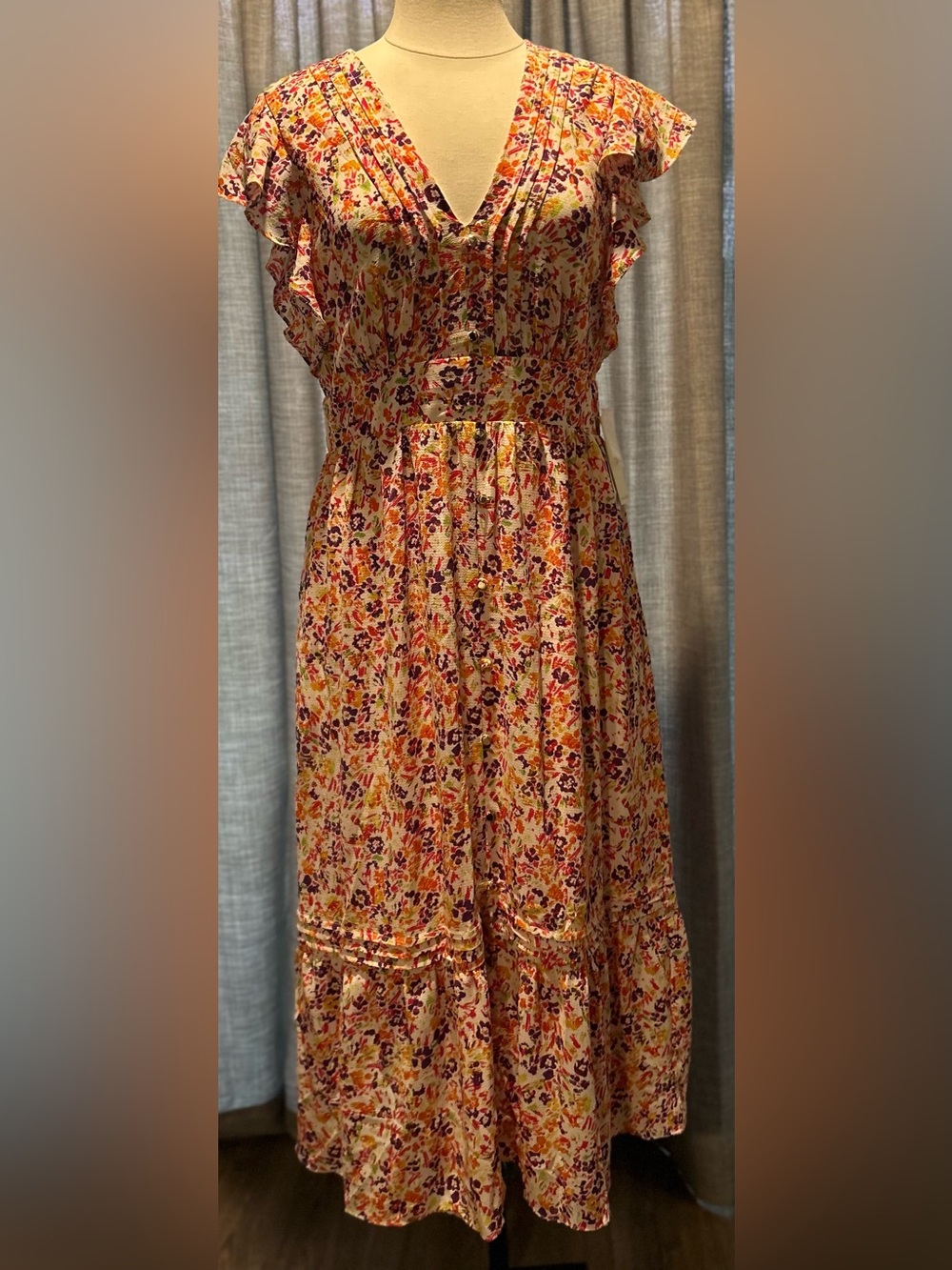 julia jordan Yellow Floral Midi Dress with Pink & Orange Accents